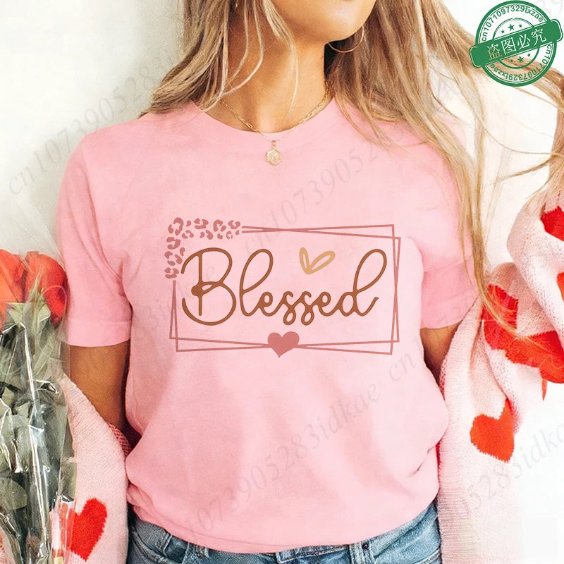Blessed Floral Cross T-Shirt for Women, Flower Graphic Tee, Summer Short Sleeve O Neck Y2k Tops, Female Aesthetic Faith Clothing