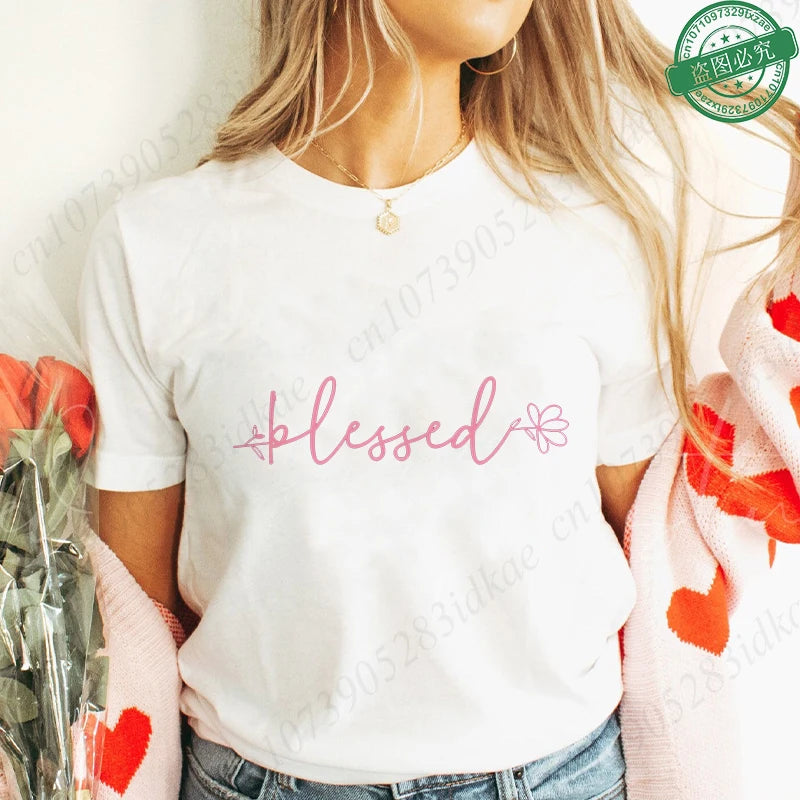 Blessed Floral Cross T-Shirt for Women, Flower Graphic Tee, Summer Short Sleeve O Neck Y2k Tops, Female Aesthetic Faith Clothing