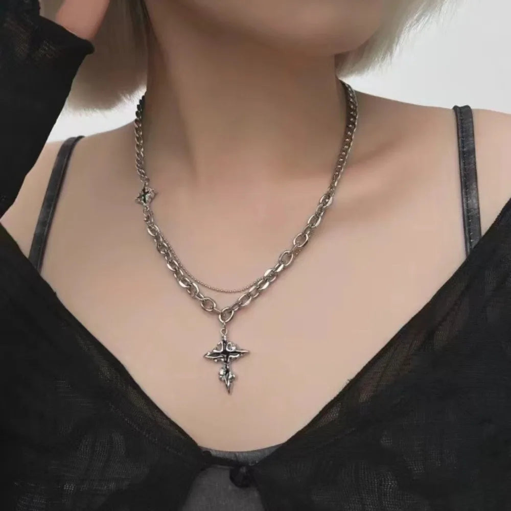 Hiphop Punk Long Cross Necklaces for Women Men Punk Double Layer Splicing Chain Necklace Charm Trend Neck Jewelry Halloween Gift