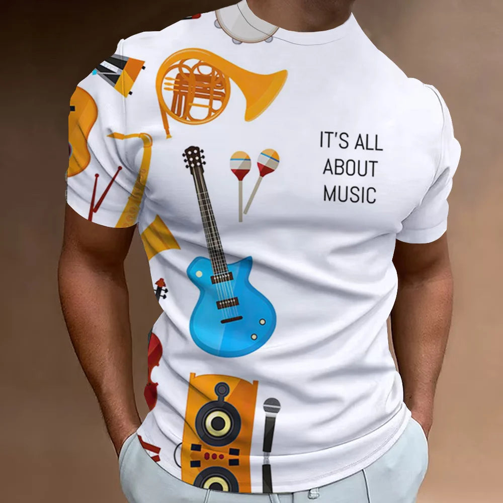 Retro Men'S T-Shirt 3d Music Notes Printed Men Clothing Daily Casual Short Sleeve Street Designer Tees Top Loose Oversized Shirt