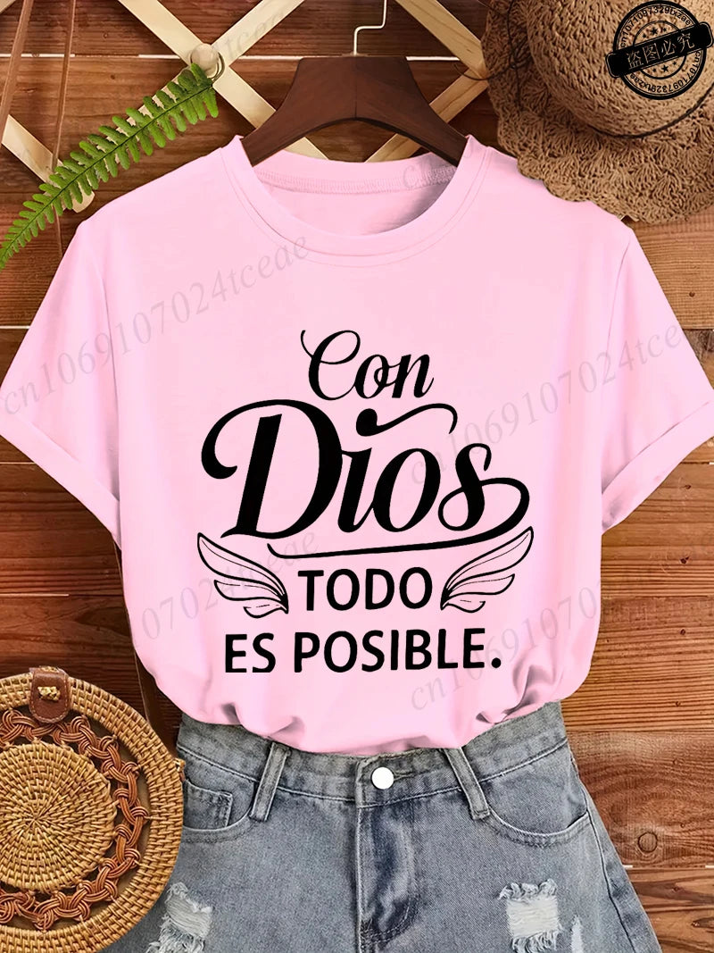 Con Dios Todo Es Posible Women T Shirts, Christian Faith Graphic Tees, Religious Inspirational Tops, Casual Blouse for Ladies