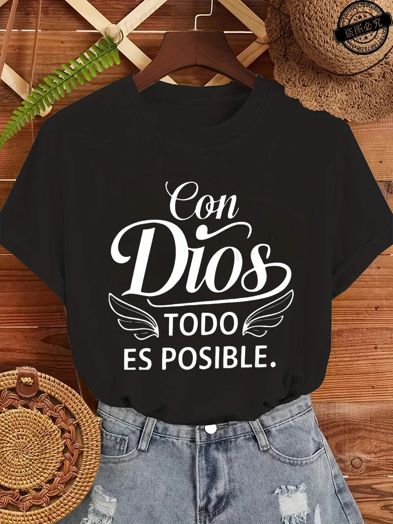 Con Dios Todo Es Posible Women T Shirts, Christian Faith Graphic Tees, Religious Inspirational Tops, Casual Blouse for Ladies