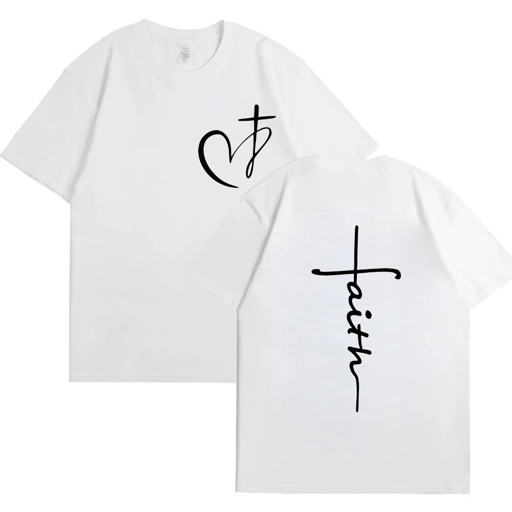 New Women's Heart Cross T-shirt Fashion Faith Jesus Print Female Loose Short Sleeve Classic Pullover Shirts Summer Tee Clothing