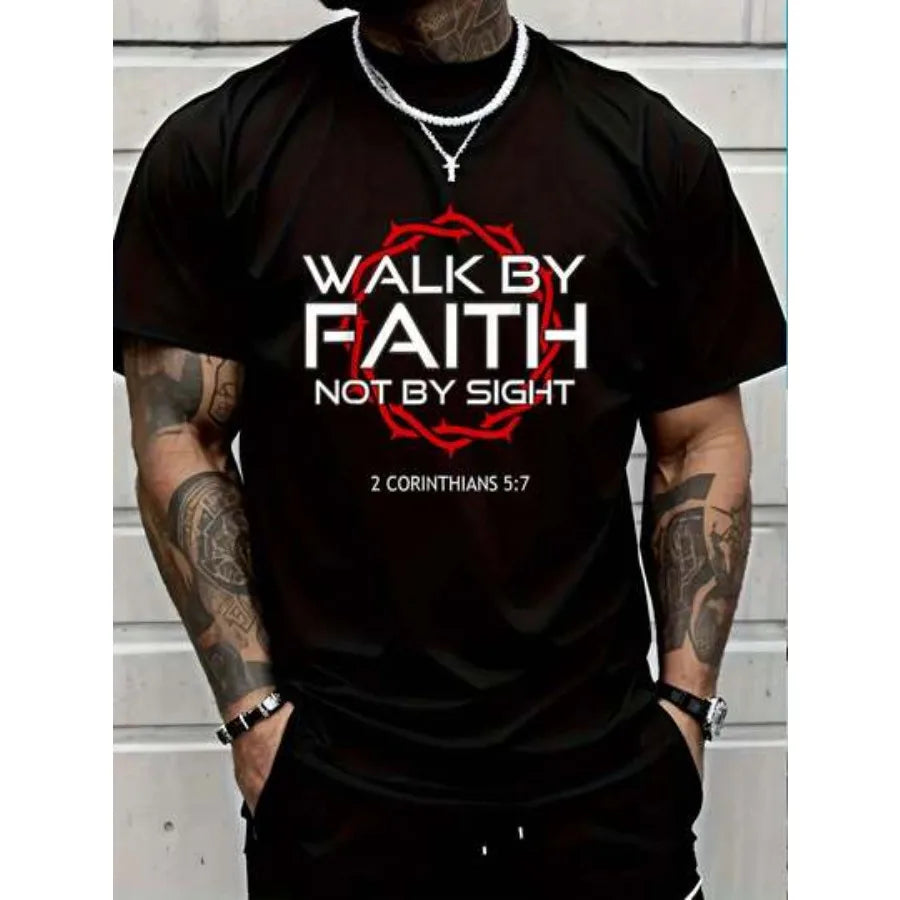 【New style】100% Cotton Jesus Walk By Faith Christian T-Shirt Round Neck Short Sleeve T-Shirt Women's Men's Graphic Tee Women's