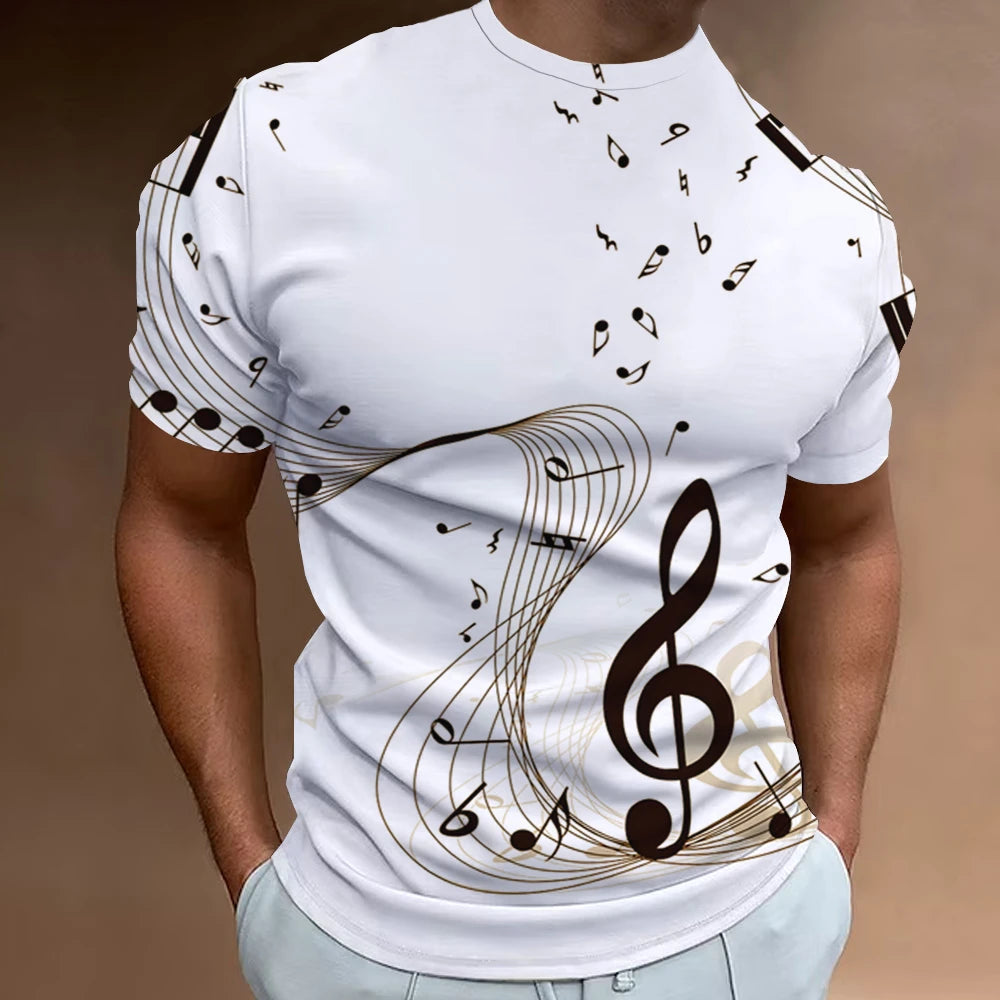 Retro Men'S T-Shirt 3d Music Notes Printed Men Clothing Daily Casual Short Sleeve Street Designer Tees Top Loose Oversized Shirt