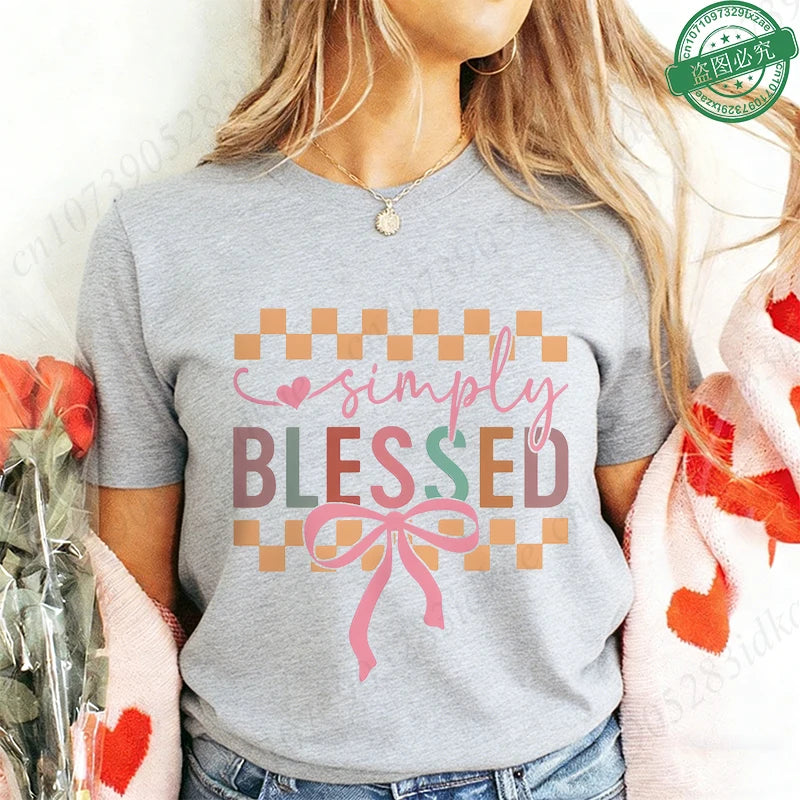 Blessed Floral Cross T-Shirt for Women, Flower Graphic Tee, Summer Short Sleeve O Neck Y2k Tops, Female Aesthetic Faith Clothing