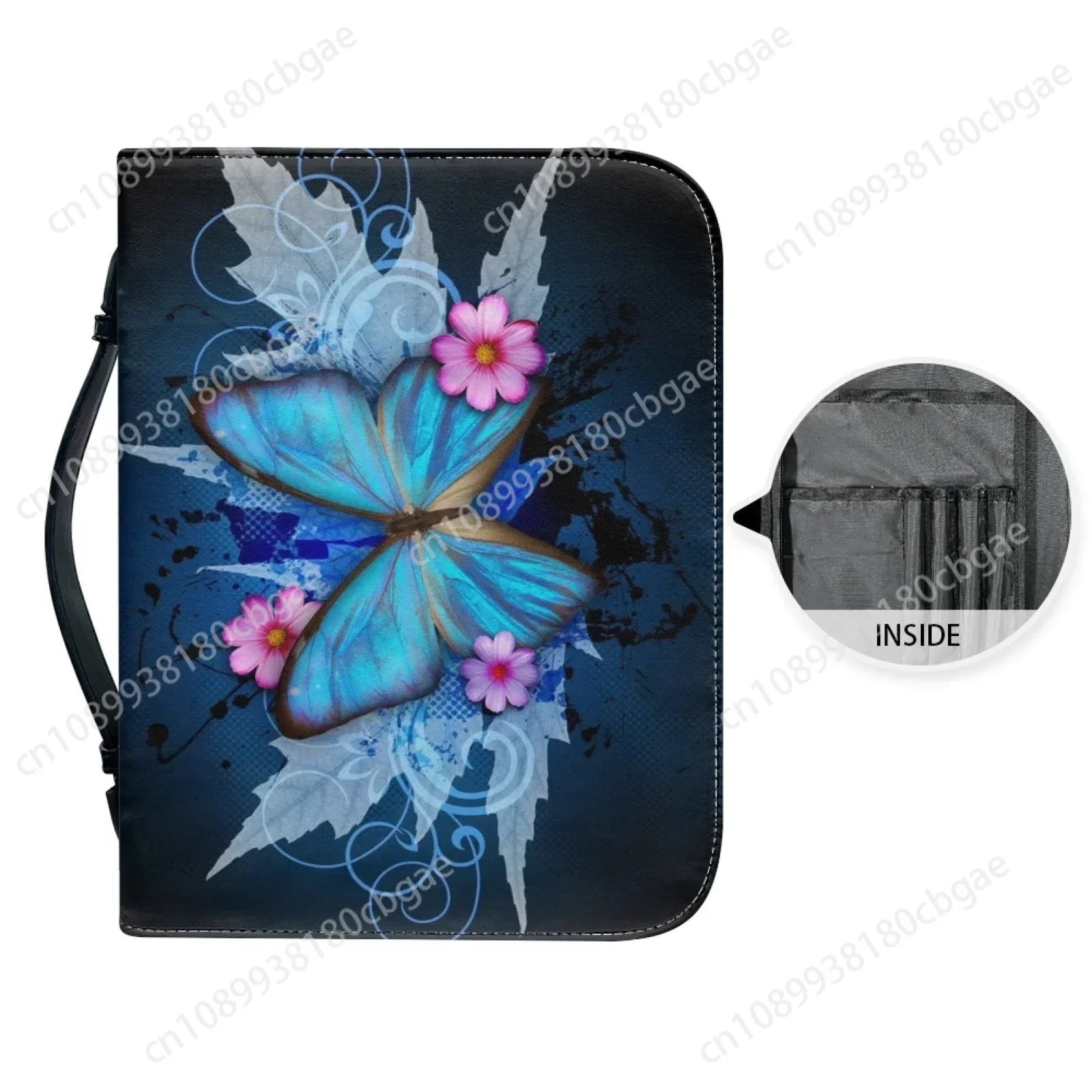 Blue Butterfly Print Leather Bible Bag for Women Men Handle Handbags Bible Hymns Bible Cover Case Carrying Storage Bags