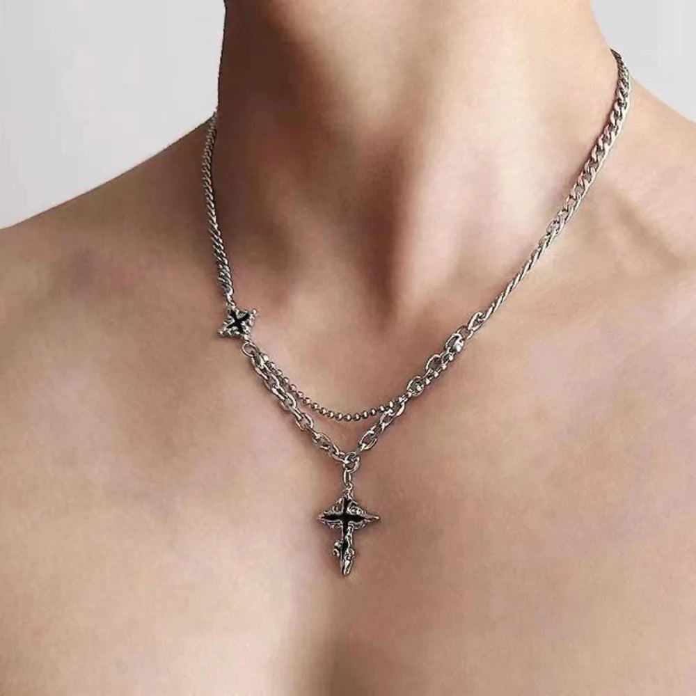 Hiphop Punk Long Cross Necklaces for Women Men Punk Double Layer Splicing Chain Necklace Charm Trend Neck Jewelry Halloween Gift