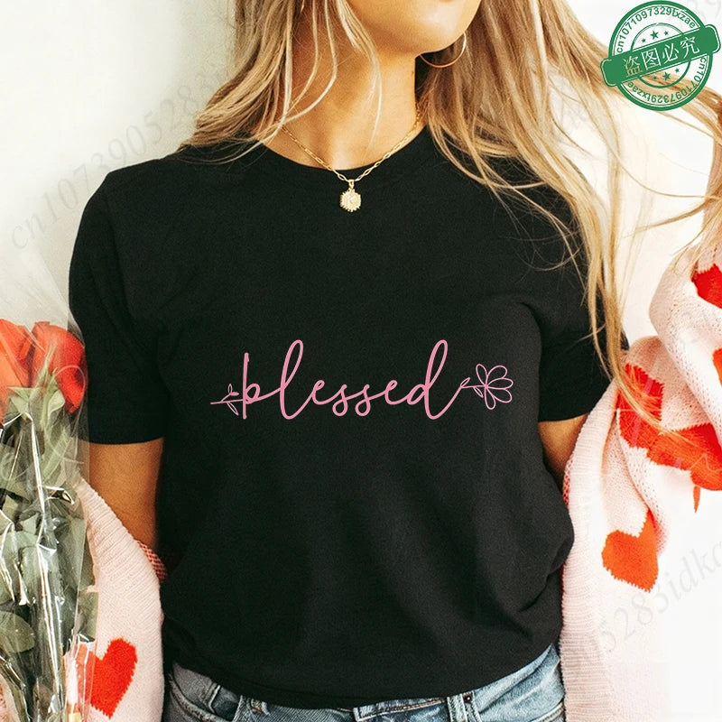 Blessed Floral Cross T-Shirt for Women, Flower Graphic Tee, Summer Short Sleeve O Neck Y2k Tops, Female Aesthetic Faith Clothing