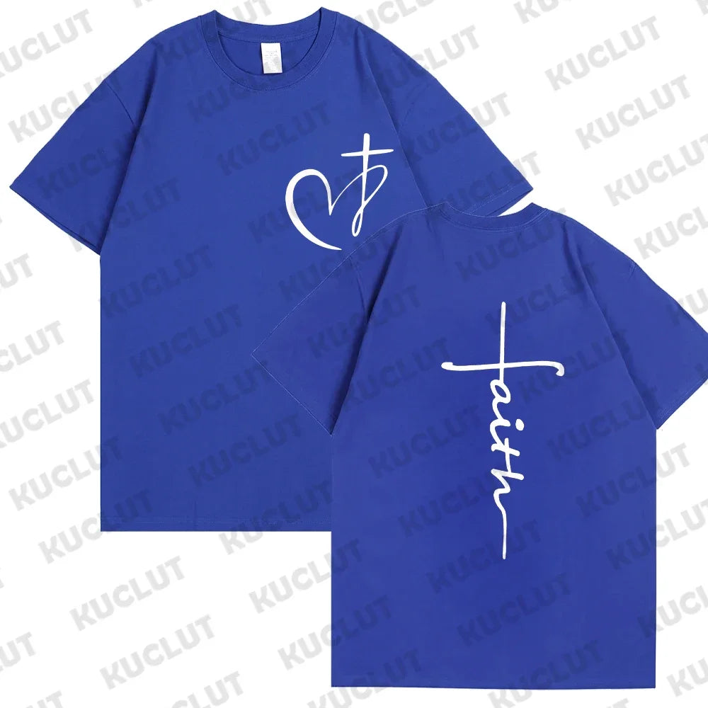 New Women's Heart Cross T-shirt Fashion Faith Jesus Print Female Loose Short Sleeve Classic Pullover Shirts Summer Tee Clothing