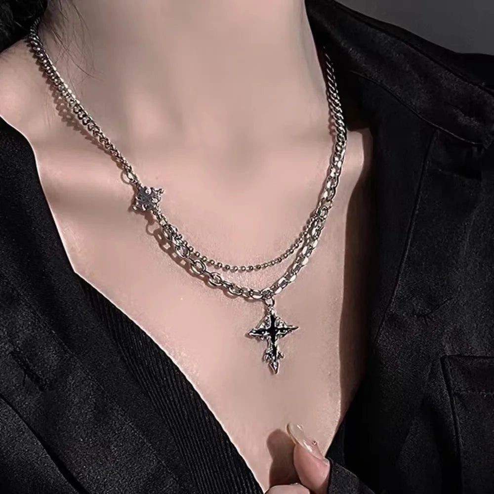 Hiphop Punk Long Cross Necklaces for Women Men Punk Double Layer Splicing Chain Necklace Charm Trend Neck Jewelry Halloween Gift