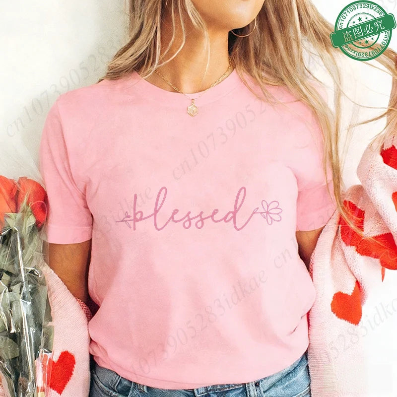 Blessed Floral Cross T-Shirt for Women, Flower Graphic Tee, Summer Short Sleeve O Neck Y2k Tops, Female Aesthetic Faith Clothing