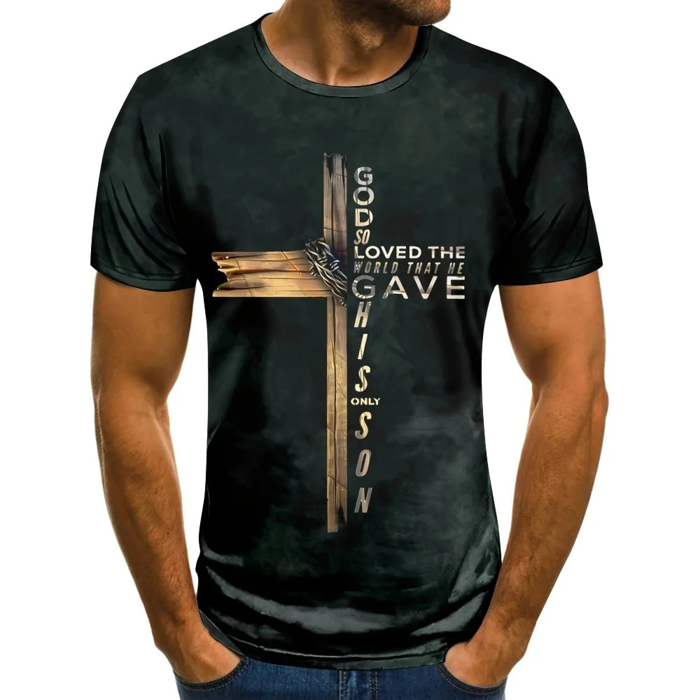 Cross Print Men's Graphic Design Crew Neck T-shirt Casual Tshirts For Summer Men's Clothing Tops For Daily Gym Workout Running