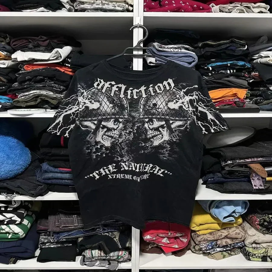 New Long sleeved Affliction T shirt Y2K Hip Hop Round Neck Oversized T shirt Mens Womens Casual Gothic Clothing Tops Streetwear