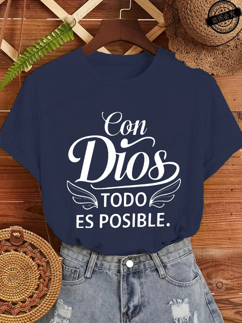 Con Dios Todo Es Posible Women T Shirts, Christian Faith Graphic Tees, Religious Inspirational Tops, Casual Blouse for Ladies