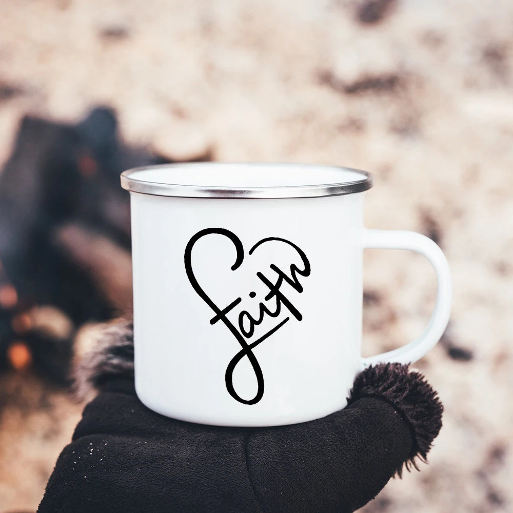 Faith Hope Love Print Christian Creative Enamel Mugs Outdoor Travel Coffee Cup Drink Dessert Milk Vintage Handle Drinkware Gift