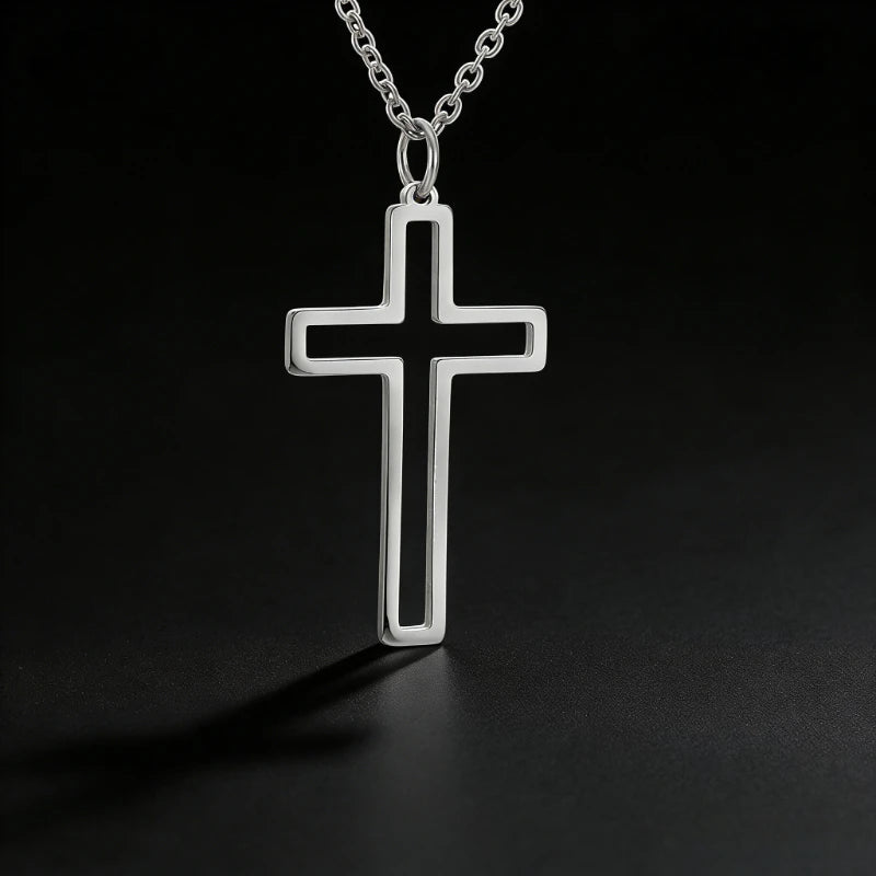 Trendy Religious Jesus Cross 18X30mm Pendant Necklace Gold Color Stainless Steel Chain Necklaces For Unisex Hollow Jewelry Gift