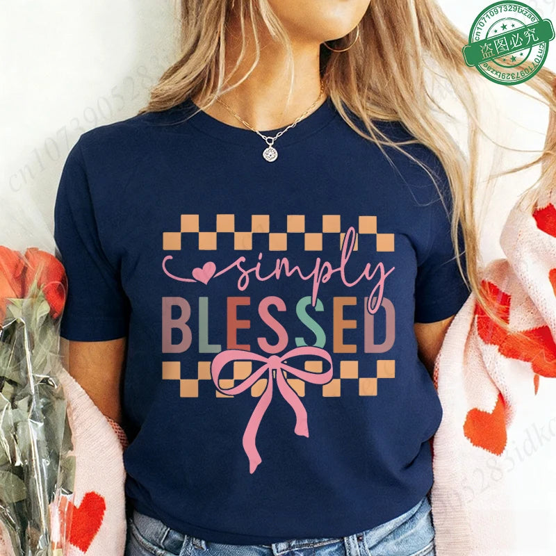 Blessed Floral Cross T-Shirt for Women, Flower Graphic Tee, Summer Short Sleeve O Neck Y2k Tops, Female Aesthetic Faith Clothing