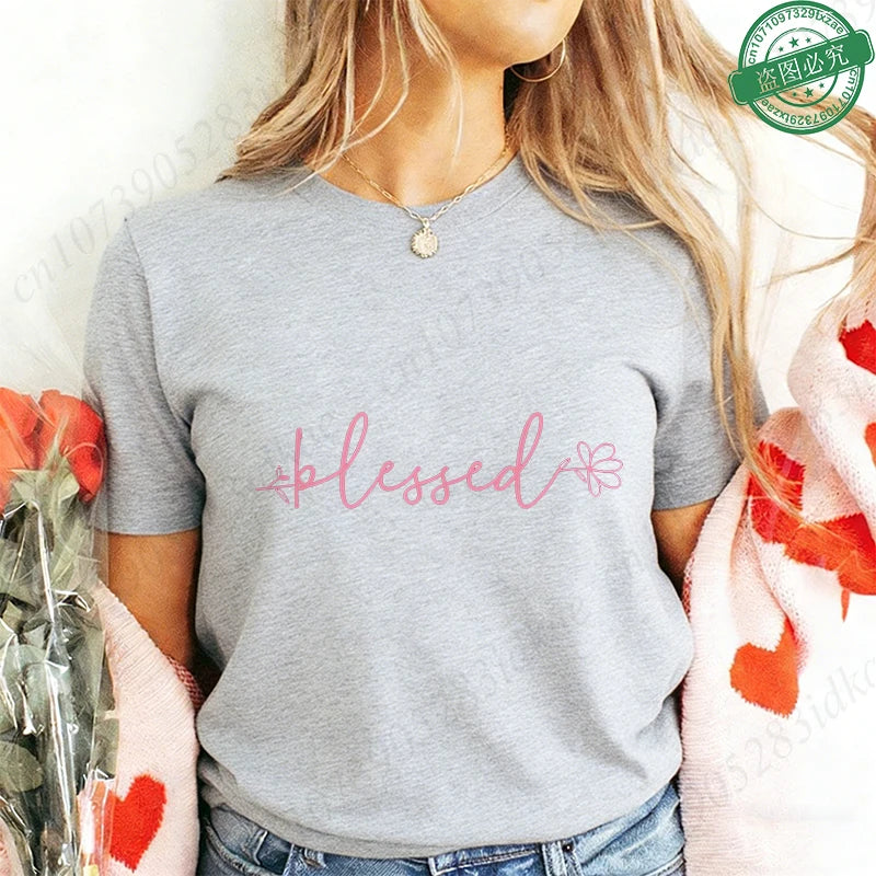 Blessed Floral Cross T-Shirt for Women, Flower Graphic Tee, Summer Short Sleeve O Neck Y2k Tops, Female Aesthetic Faith Clothing