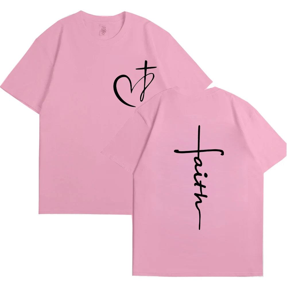 New Women's Heart Cross T-shirt Fashion Faith Jesus Print Female Loose Short Sleeve Classic Pullover Shirts Summer Tee Clothing
