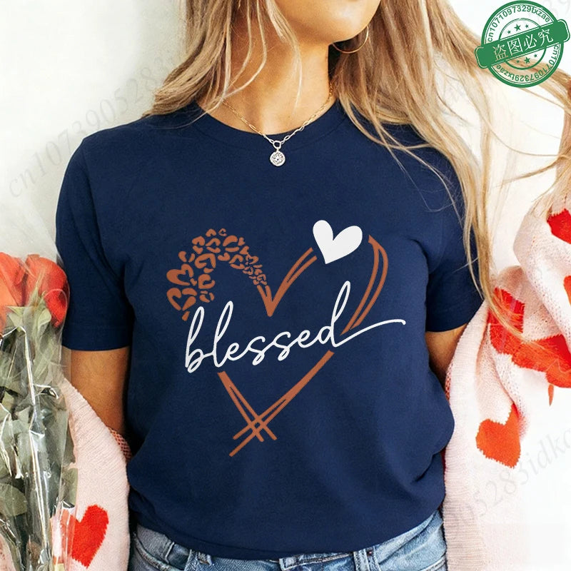 Blessed Floral Cross T-Shirt for Women, Flower Graphic Tee, Summer Short Sleeve O Neck Y2k Tops, Female Aesthetic Faith Clothing