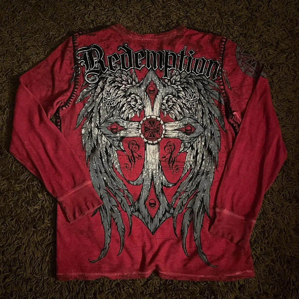 New Long sleeved Affliction T shirt Y2K Hip Hop Round Neck Oversized T shirt Mens Womens Casual Gothic Clothing Tops Streetwear