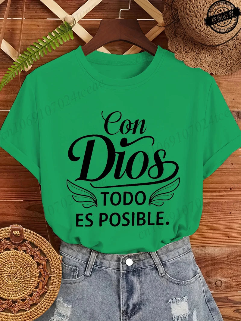 Con Dios Todo Es Posible Women T Shirts, Christian Faith Graphic Tees, Religious Inspirational Tops, Casual Blouse for Ladies
