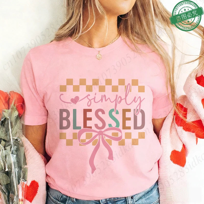 Blessed Floral Cross T-Shirt for Women, Flower Graphic Tee, Summer Short Sleeve O Neck Y2k Tops, Female Aesthetic Faith Clothing