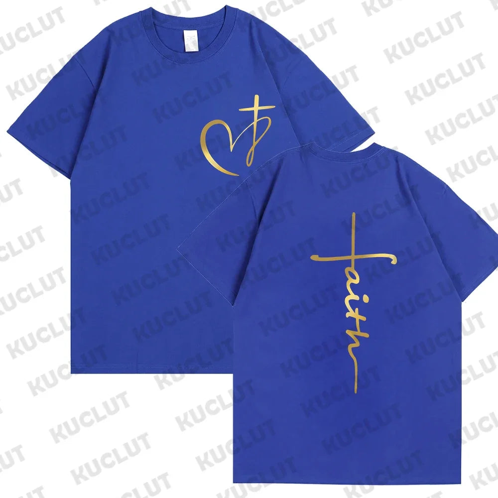 New Women's Heart Cross T-shirt Fashion Faith Jesus Print Female Loose Short Sleeve Classic Pullover Shirts Summer Tee Clothing