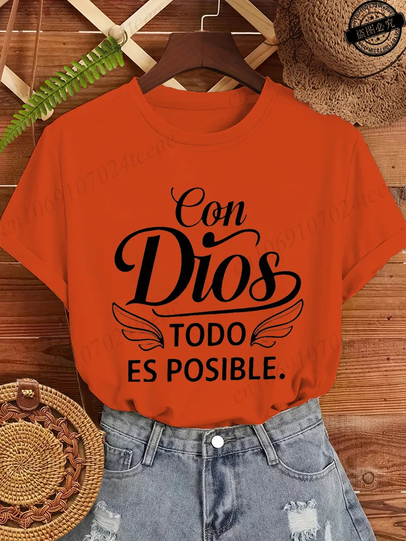 Con Dios Todo Es Posible Women T Shirts, Christian Faith Graphic Tees, Religious Inspirational Tops, Casual Blouse for Ladies