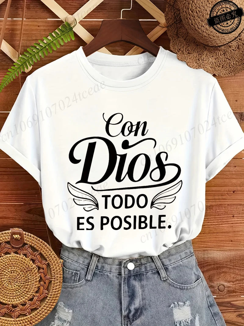 Con Dios Todo Es Posible Women T Shirts, Christian Faith Graphic Tees, Religious Inspirational Tops, Casual Blouse for Ladies