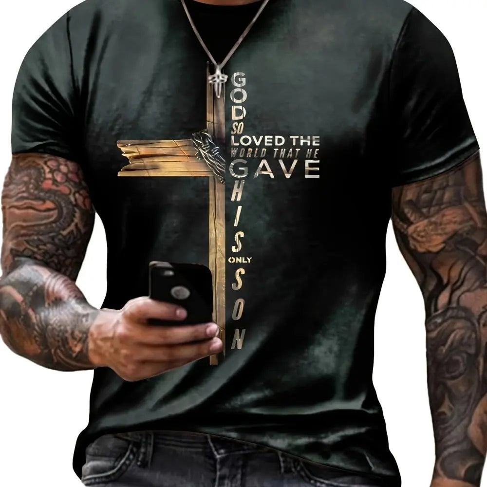 Cross Print Men's Graphic Design Crew Neck T-shirt Casual Tshirts For Summer Men's Clothing Tops For Daily Gym Workout Running