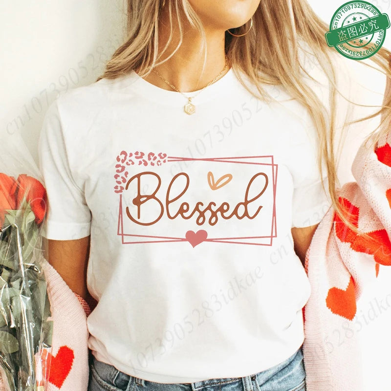 Blessed Floral Cross T-Shirt for Women, Flower Graphic Tee, Summer Short Sleeve O Neck Y2k Tops, Female Aesthetic Faith Clothing