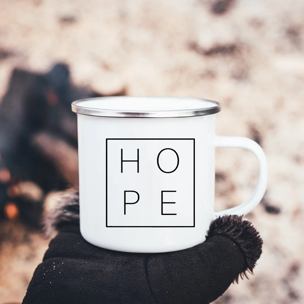 Faith Hope Love Print Christian Creative Enamel Mugs Outdoor Travel Coffee Cup Drink Dessert Milk Vintage Handle Drinkware Gift