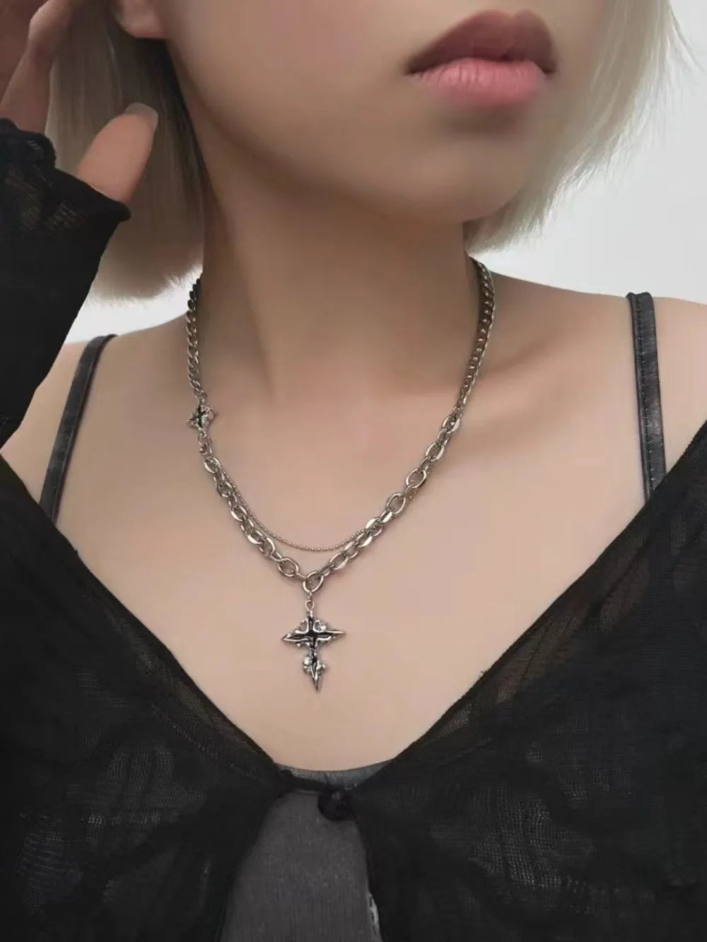 Hiphop Punk Long Cross Necklaces for Women Men Punk Double Layer Splicing Chain Necklace Charm Trend Neck Jewelry Halloween Gift