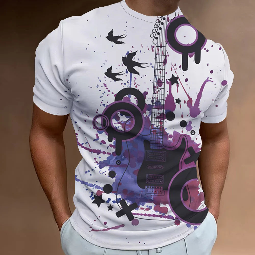 Retro Men'S T-Shirt 3d Music Notes Printed Men Clothing Daily Casual Short Sleeve Street Designer Tees Top Loose Oversized Shirt