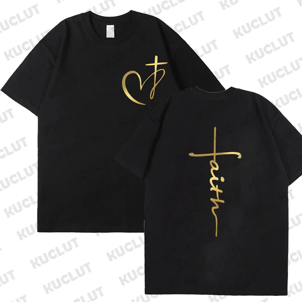 New Women's Heart Cross T-shirt Fashion Faith Jesus Print Female Loose Short Sleeve Classic Pullover Shirts Summer Tee Clothing
