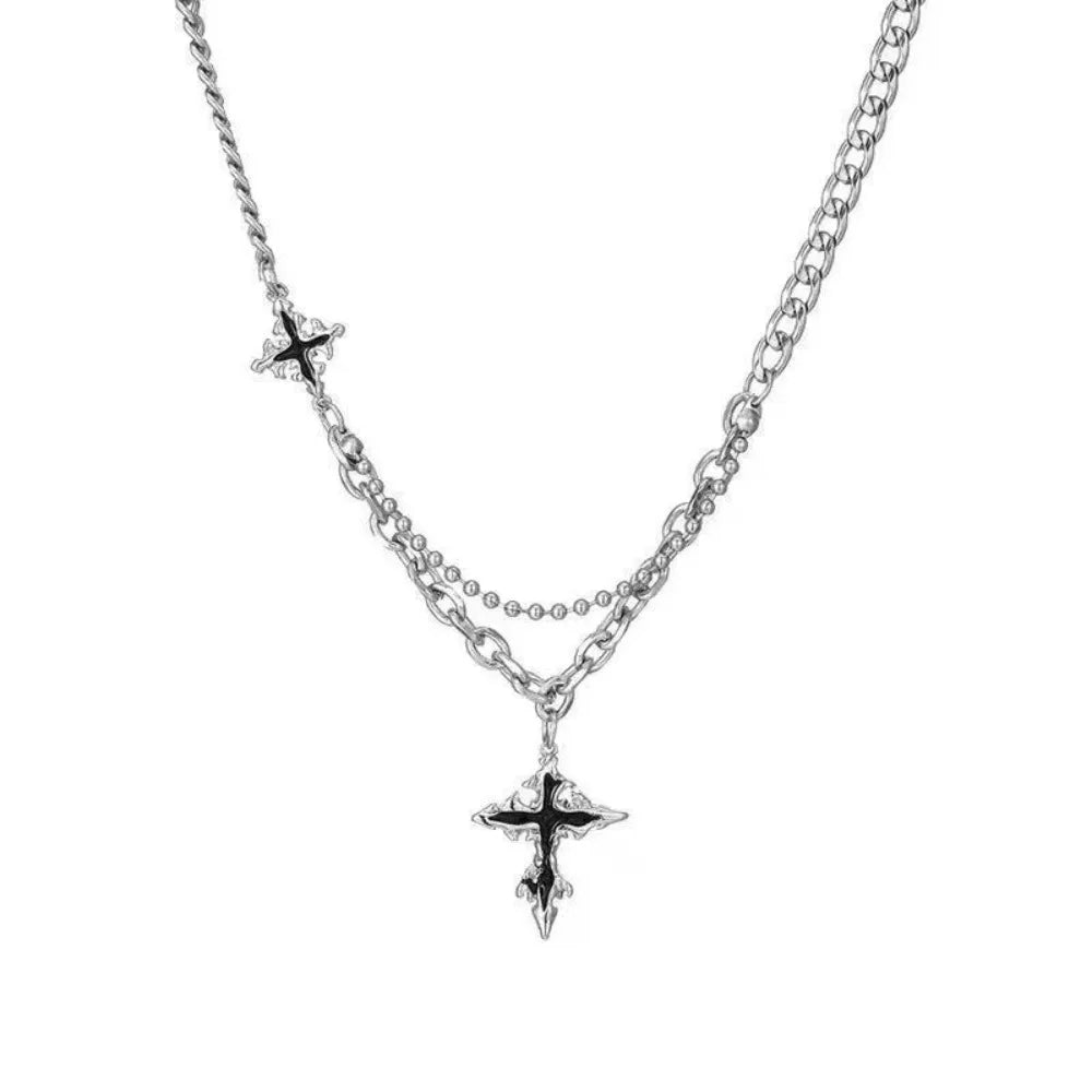 Hiphop Punk Long Cross Necklaces for Women Men Punk Double Layer Splicing Chain Necklace Charm Trend Neck Jewelry Halloween Gift