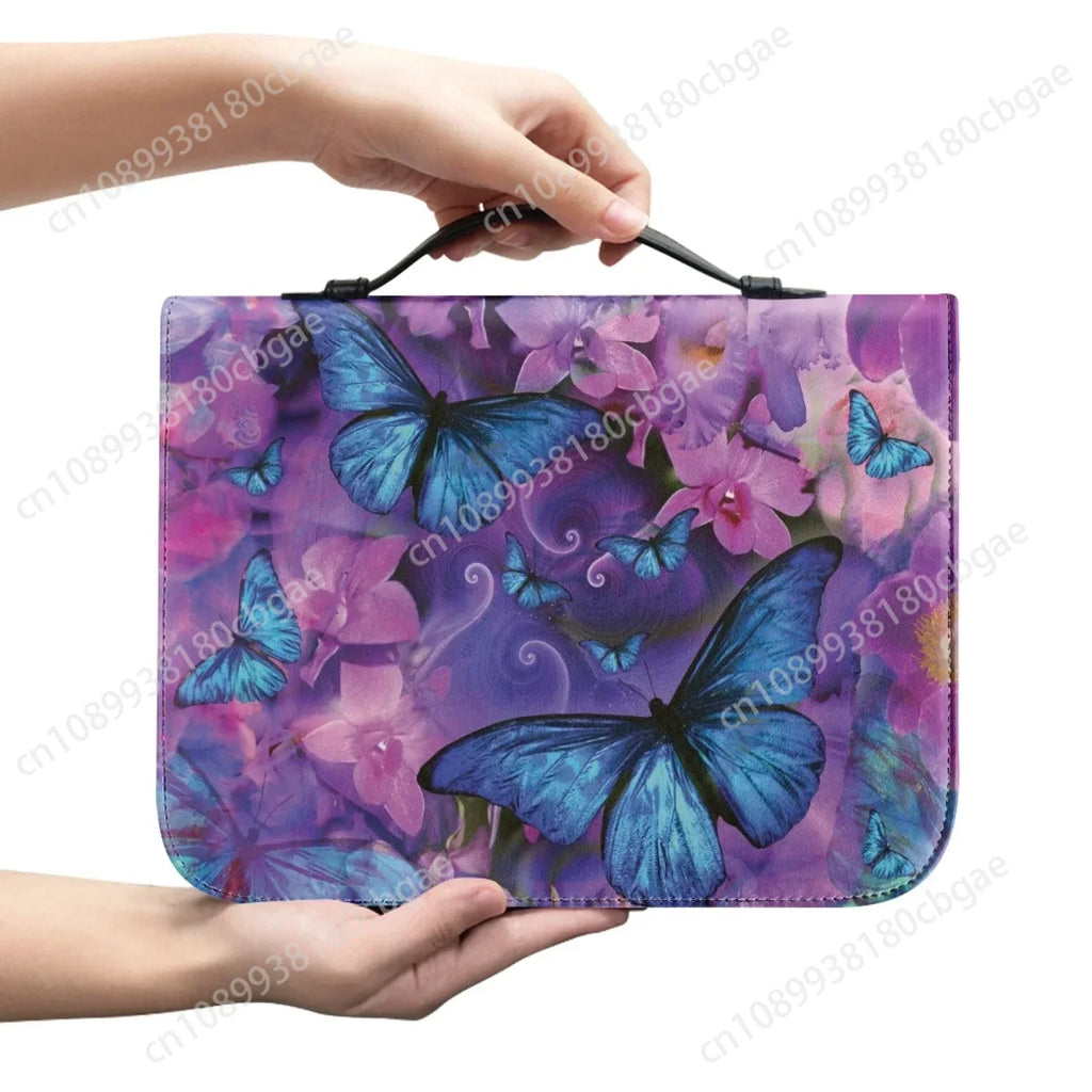 Blue Butterfly Print Leather Bible Bag for Women Men Handle Handbags Bible Hymns Bible Cover Case Carrying Storage Bags