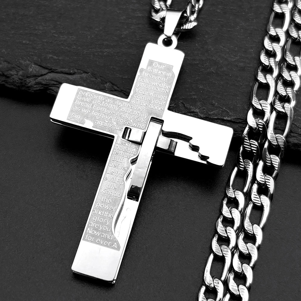 Christian English Bible Cross Pendant Chain Necklace for Women Men Stainless Steel Gold Color Punk Necklace Amulet Jewelry Gift