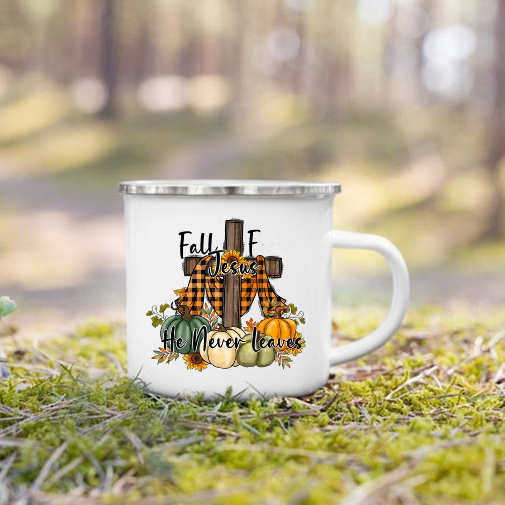 Fall for Jesus He Never Leaves Print Enamel Mugs Coffee Cups Autumn Thanksgiving Party Juice Mug Dessert Cocoa Handle Cup Gifts