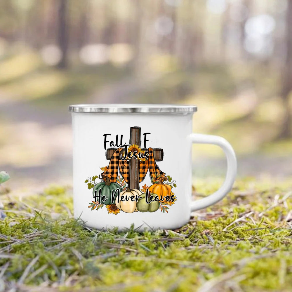 Fall for Jesus He Never Leaves Print Enamel Mugs Coffee Cups Autumn Thanksgiving Party Juice Mug Dessert Cocoa Handle Cup Gifts