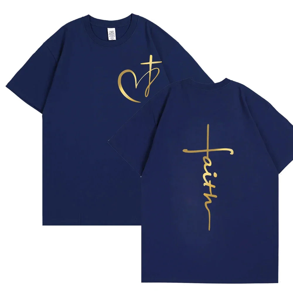 New Women's Heart Cross T-shirt Fashion Faith Jesus Print Female Loose Short Sleeve Classic Pullover Shirts Summer Tee Clothing