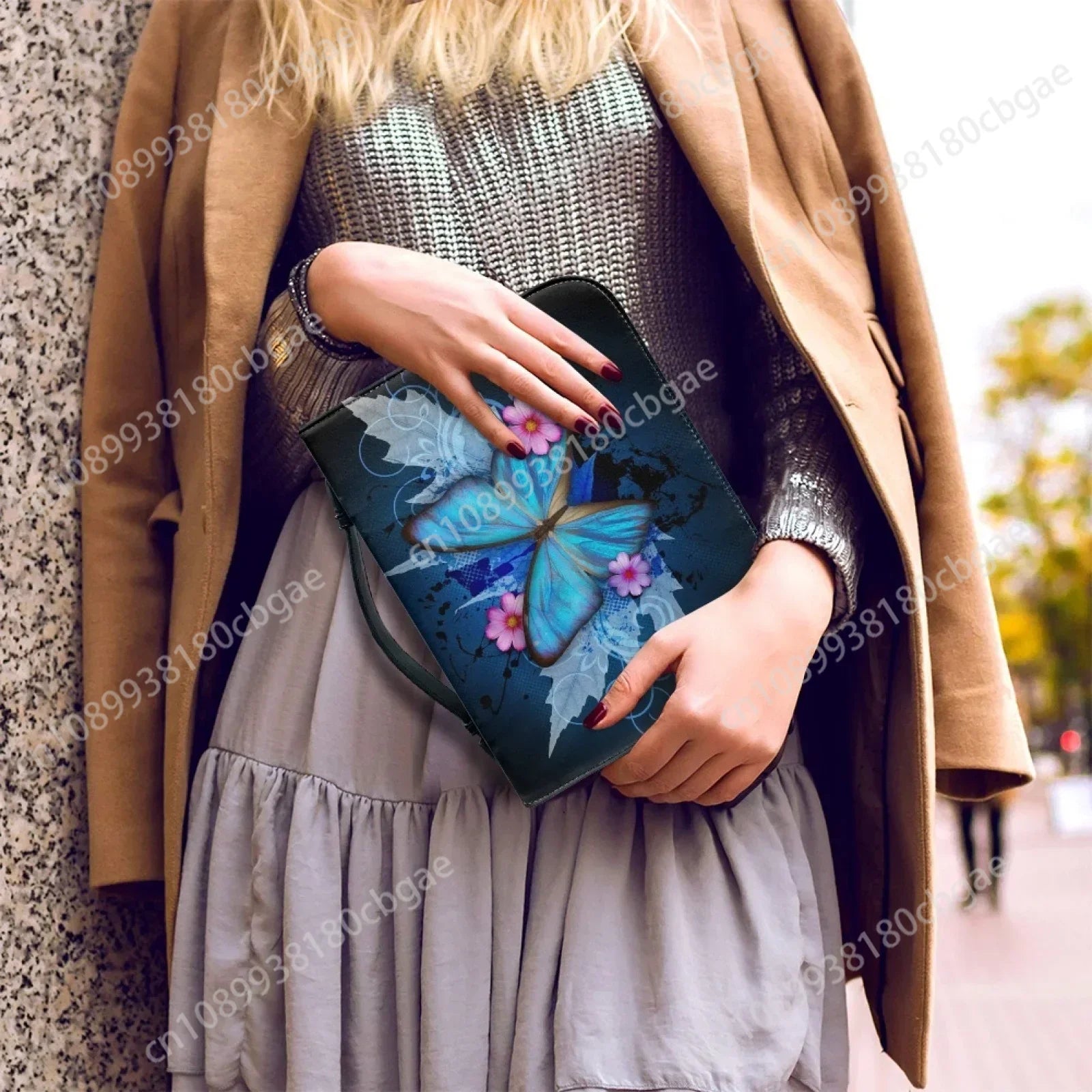 Blue Butterfly Print Leather Bible Bag for Women Men Handle Handbags Bible Hymns Bible Cover Case Carrying Storage Bags