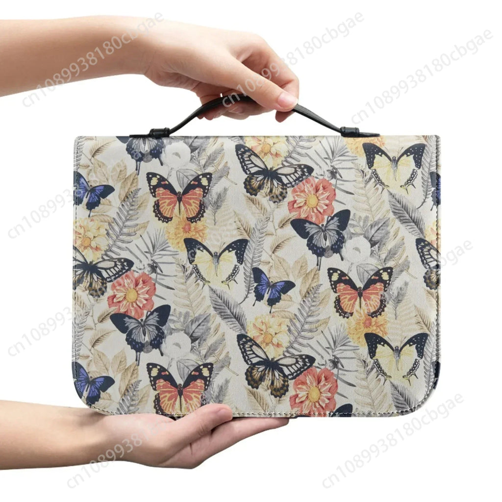 Blue Butterfly Print Leather Bible Bag for Women Men Handle Handbags Bible Hymns Bible Cover Case Carrying Storage Bags