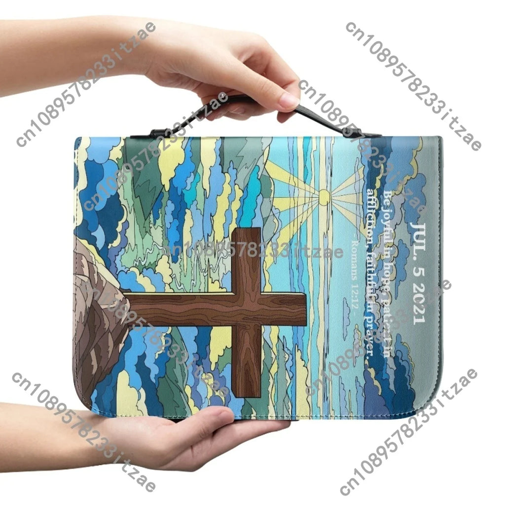 PU Leather Handbags for Women's Artistic Christian Cross Print Bible Cover Case Portable Study Book Holy Storage Boxes Custom