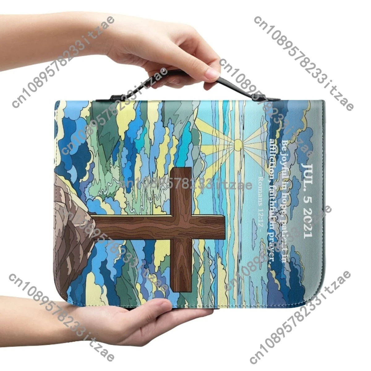 PU Leather Handbags for Women's Artistic Christian Cross Print Bible Cover Case Portable Study Book Holy Storage Boxes Custom