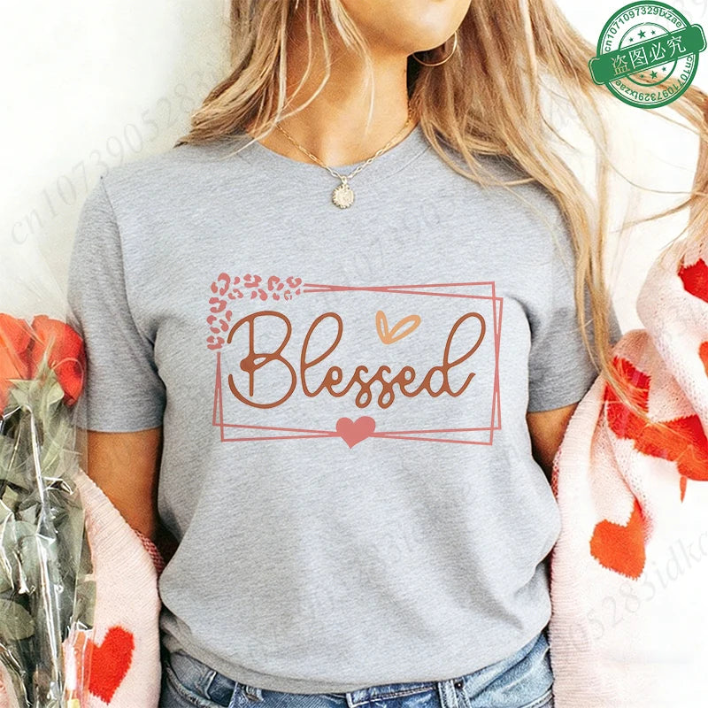 Blessed Floral Cross T-Shirt for Women, Flower Graphic Tee, Summer Short Sleeve O Neck Y2k Tops, Female Aesthetic Faith Clothing