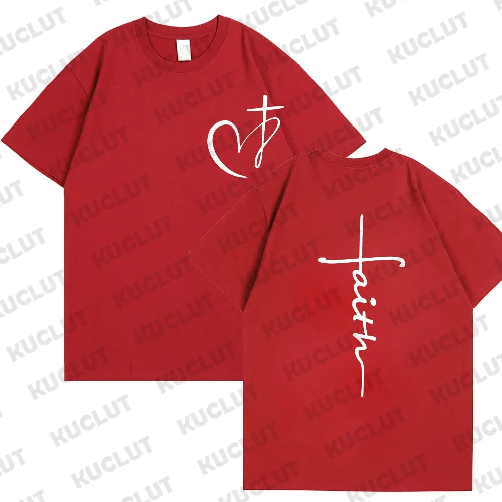 New Women's Heart Cross T-shirt Fashion Faith Jesus Print Female Loose Short Sleeve Classic Pullover Shirts Summer Tee Clothing