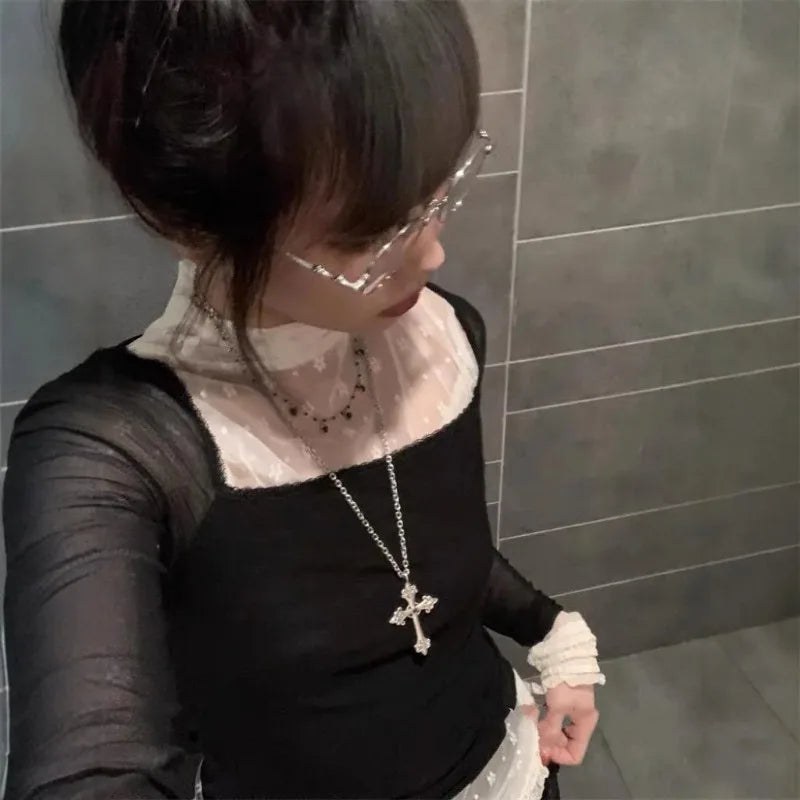 Fashion Punk Gothic Rose Cross Pendants Necklace for Women Silver Cross Choker Y2k Hip Hop Necklace Sweater Chain Gifts